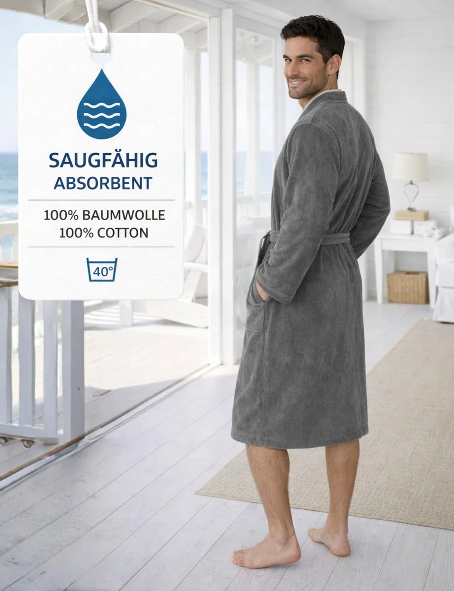 Morgenstern Bademantel Herren 100% Baumwolle Frottee Velours Saunamantel Kimono Lang Oeko Tex