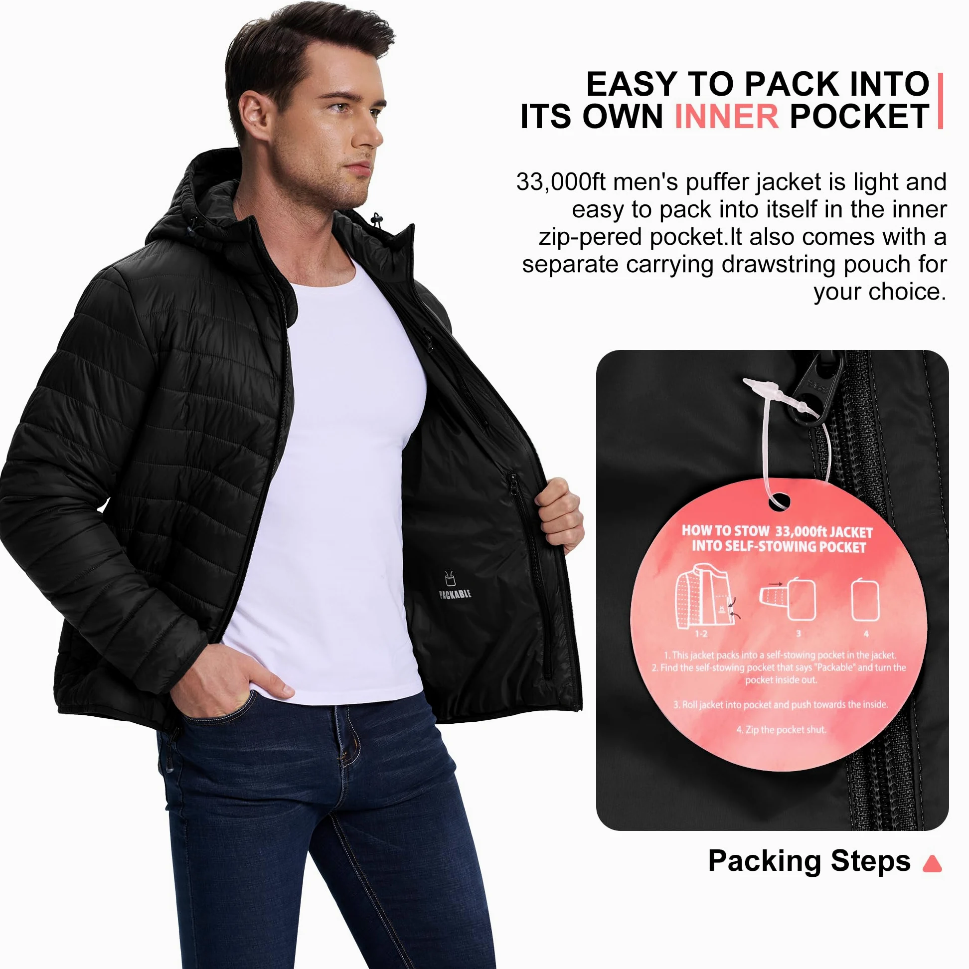 33,000ft Herren Leichte Steppjacke Outdoor Wasserbeständige Übergangsjacke Warme Winterjacke für Männer, Kapuze Wintermäntel Pufferjacke Verstaubar