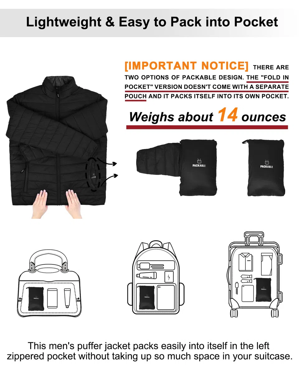 Outdoor Ventures Herren Steppjacke Packbare Leichte Warme Übergangsjacke Herren Wasserfeste Pufferjacke mit 3 Taschen für Outdoor Casual Wandern