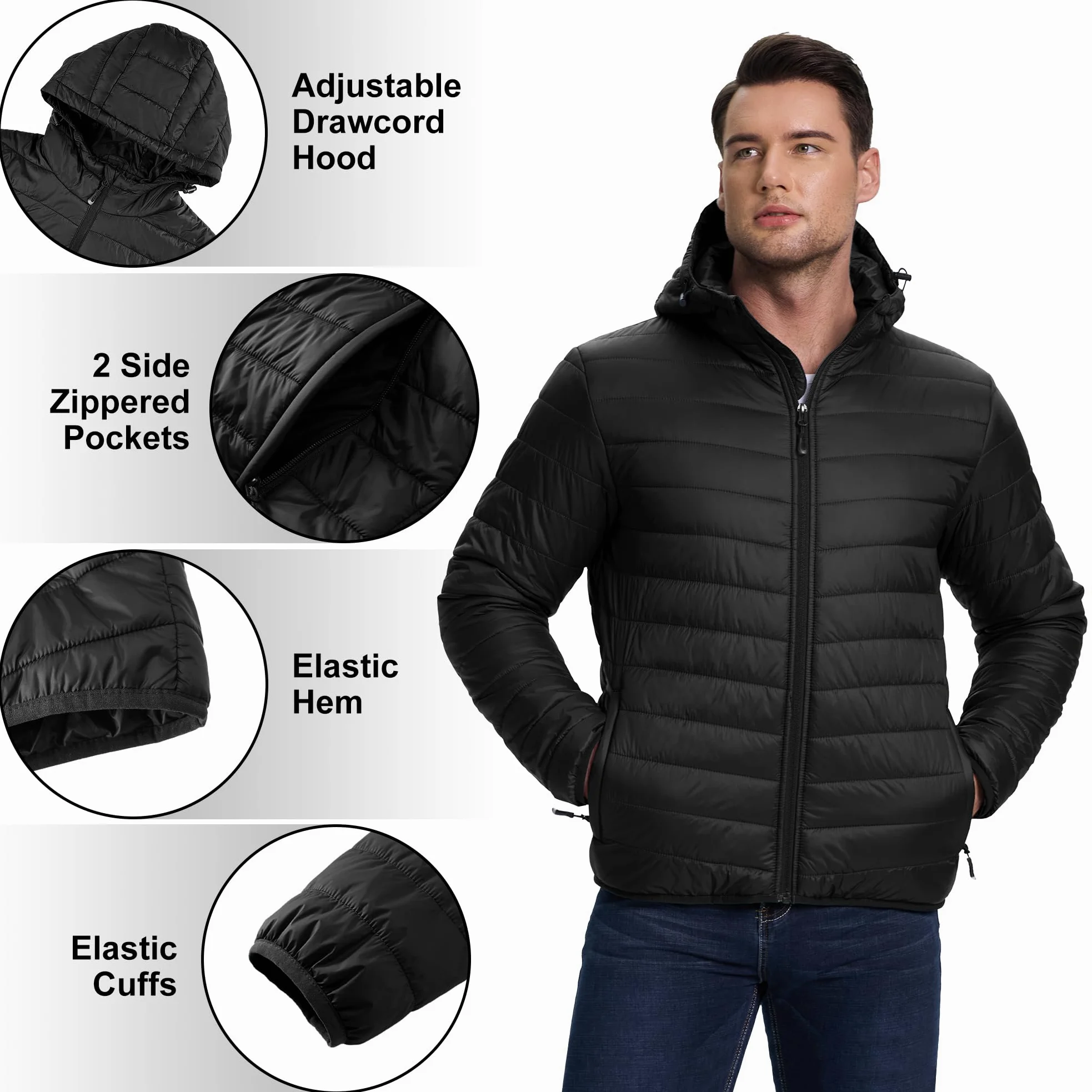33,000ft Herren Leichte Steppjacke Outdoor Wasserbeständige Übergangsjacke Warme Winterjacke für Männer, Kapuze Wintermäntel Pufferjacke Verstaubar