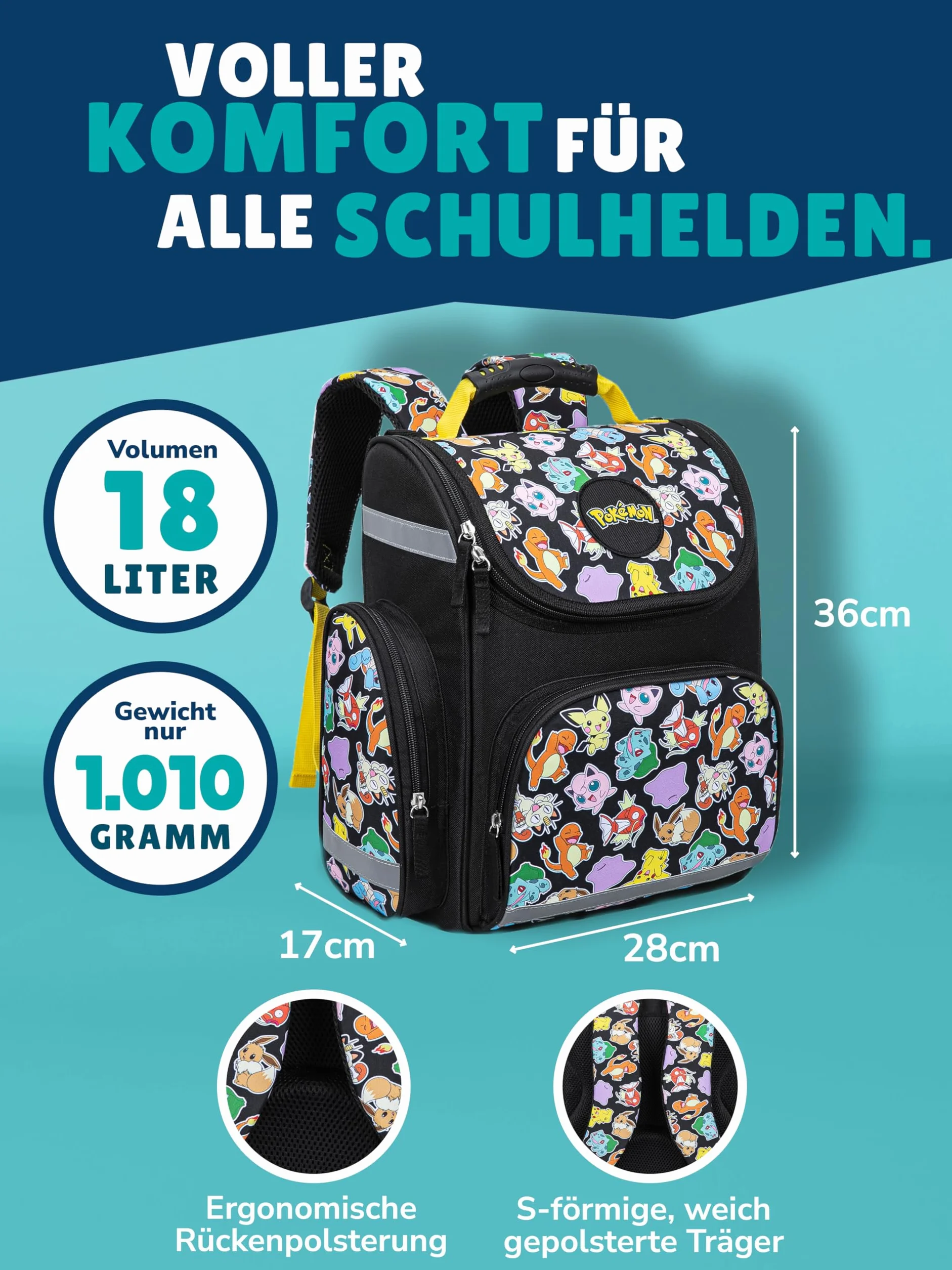 Familando - Schulranzen Set - 6-teilig mit Sporttasche - Pokémon (Pikachu Motiv) - Ergonomisch, stabil & mit gepolstertem Rücken - 1010g leicht - 18L Volumen - Mit Reflektoren - ab 1. Klasse
