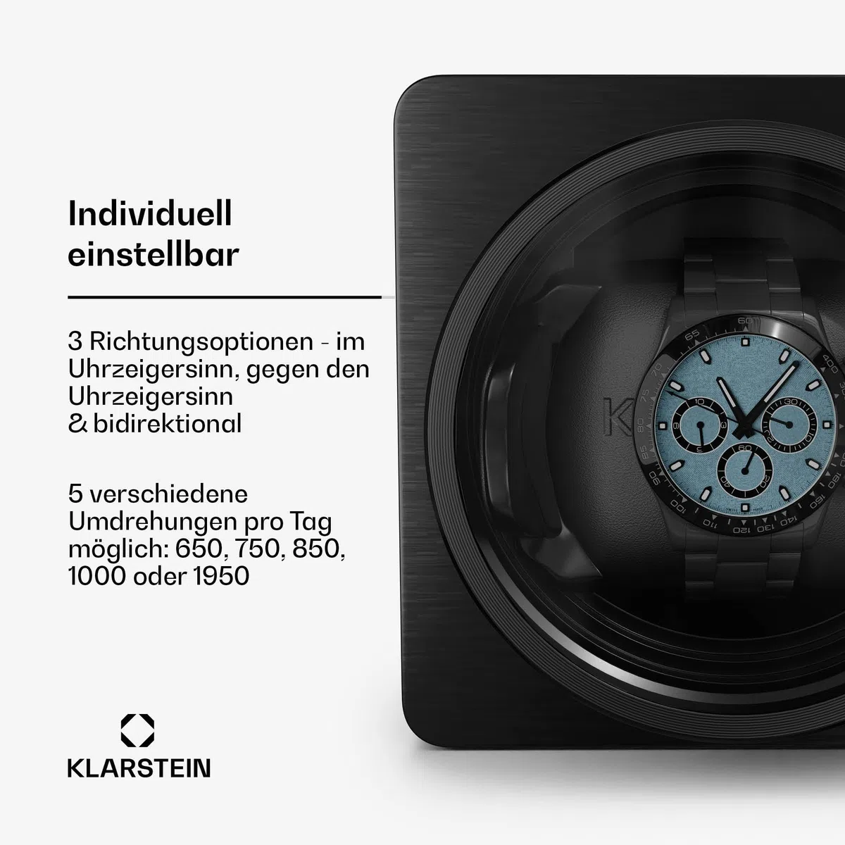 Klarstein TimeSync Uhrenbeweger – Leiser Mabuchi-Motor, veganes Leder, 5 TPD, Batteriebetrieb und Netzstrom, für 1 Automatikuhr, Schwarz – Uhrenbeweger für Automatikuhren