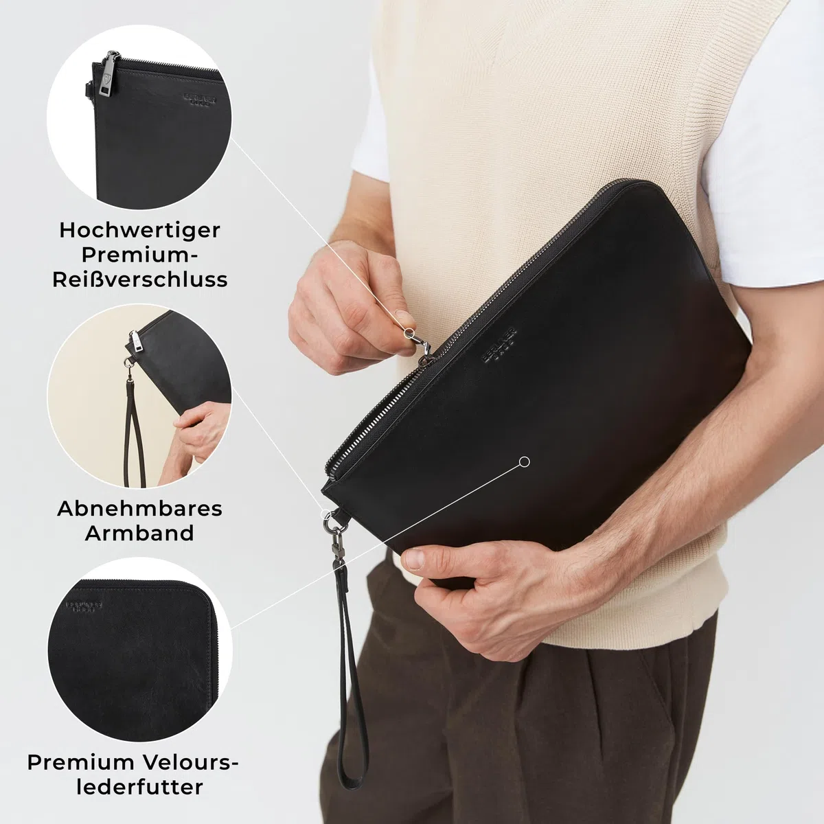 Berliner Bags Premium Dokumentenmappe Alex XL, Dokumententasche, Reisepass Organizer und Banktasche aus Leder, für Damen und Herren - Schwarz