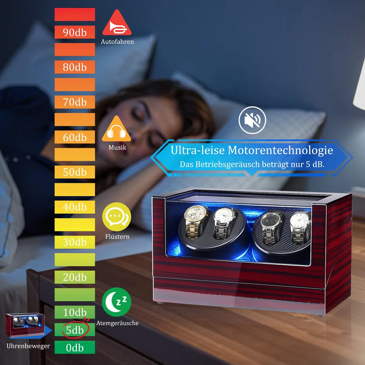 Uhrenbeweger für Automatikuhren, Automatikuhren-Winderbox mit LED-Beleuchtung, 4 Uhrenbeweger mit leisem Motor und 4 Rotationsmodi