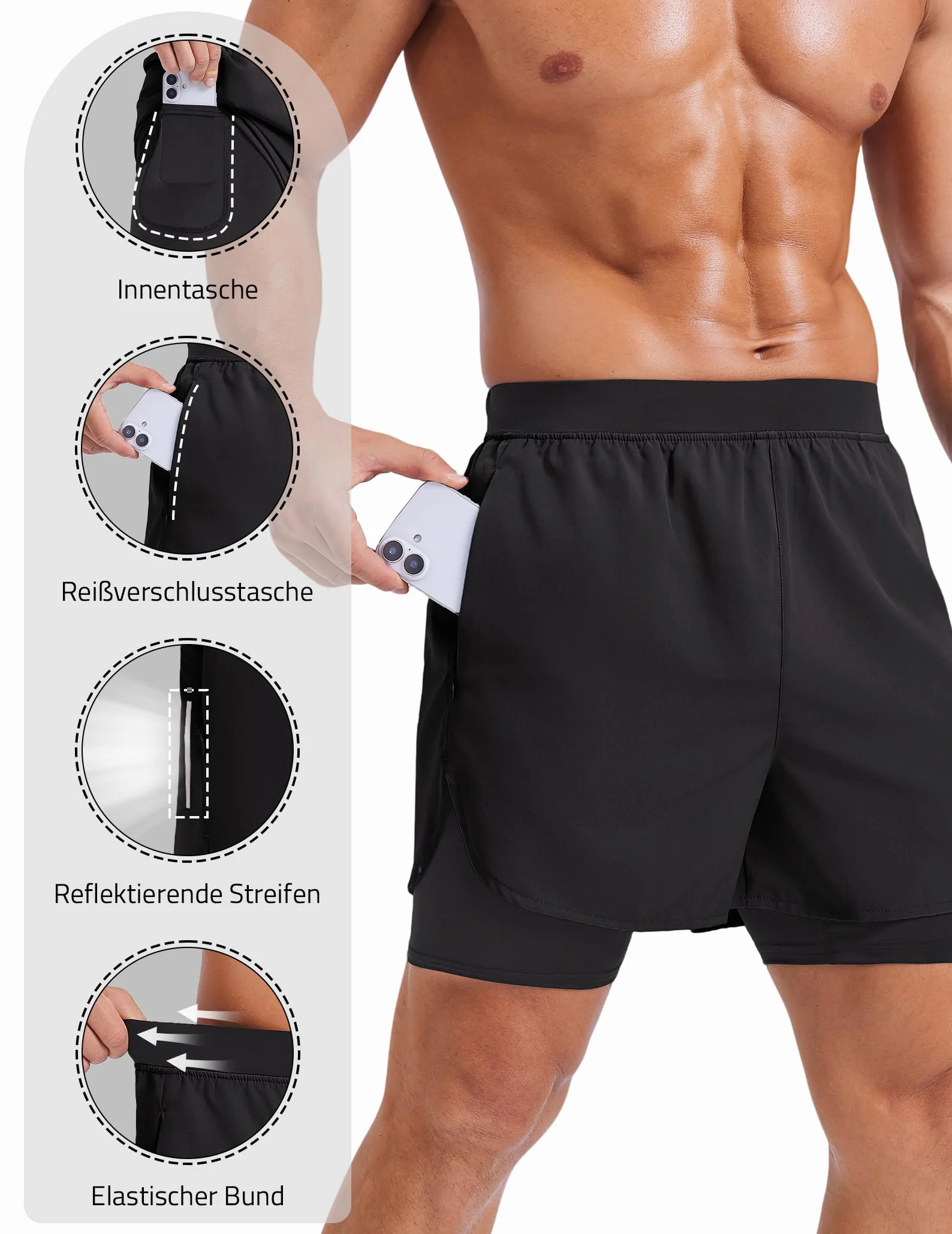 PINSPARK Herren Sport Shorts 2 in 1 Laufshorts mit Kompressionsshorts | Schnelltrocknende, atmungsaktive Marathon-Shorts, geeignet für Sommer-Fitness, Laufen, Wandern, Surfen und Radfahren