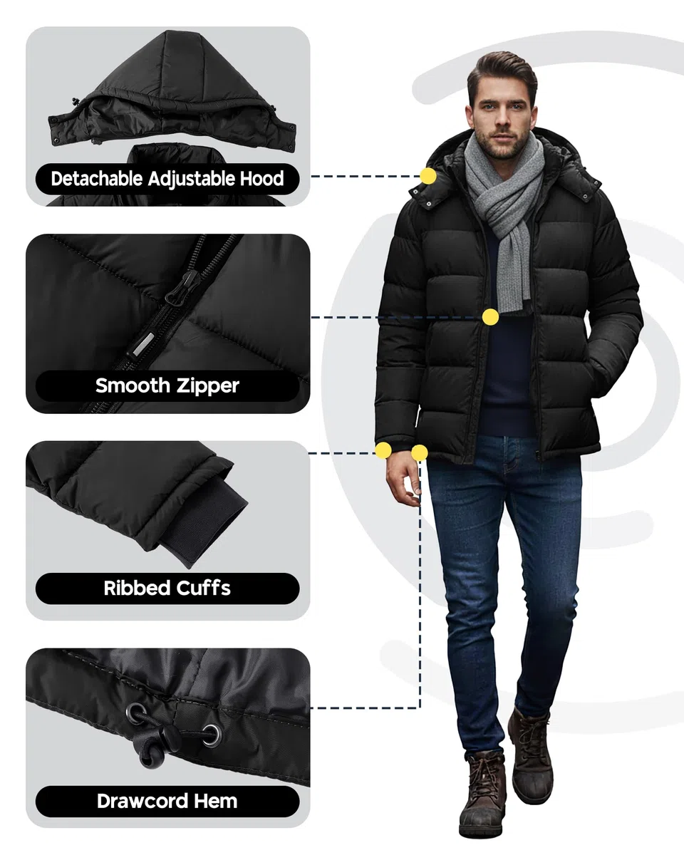 Outdoor Ventures Herren Leichte Steppjacke Wasserdichte Übergangsjacke Winddichte Warme Winterjacke Männer Daunenjacken Winterparka mit Gefüttert Abnehmbare Kapuze Stehkragen