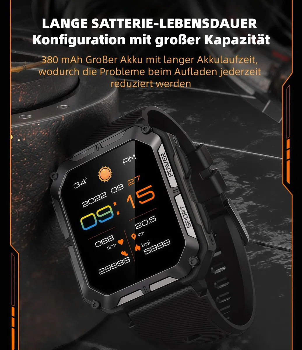 Thor Die Stabilste Smartwatch Originale smarte Sportuhr für Herren mit Telefonfunktion, Schrittzählung, Herzfrequenzüberwachung und Blutdruckmessung (orange Farbe)