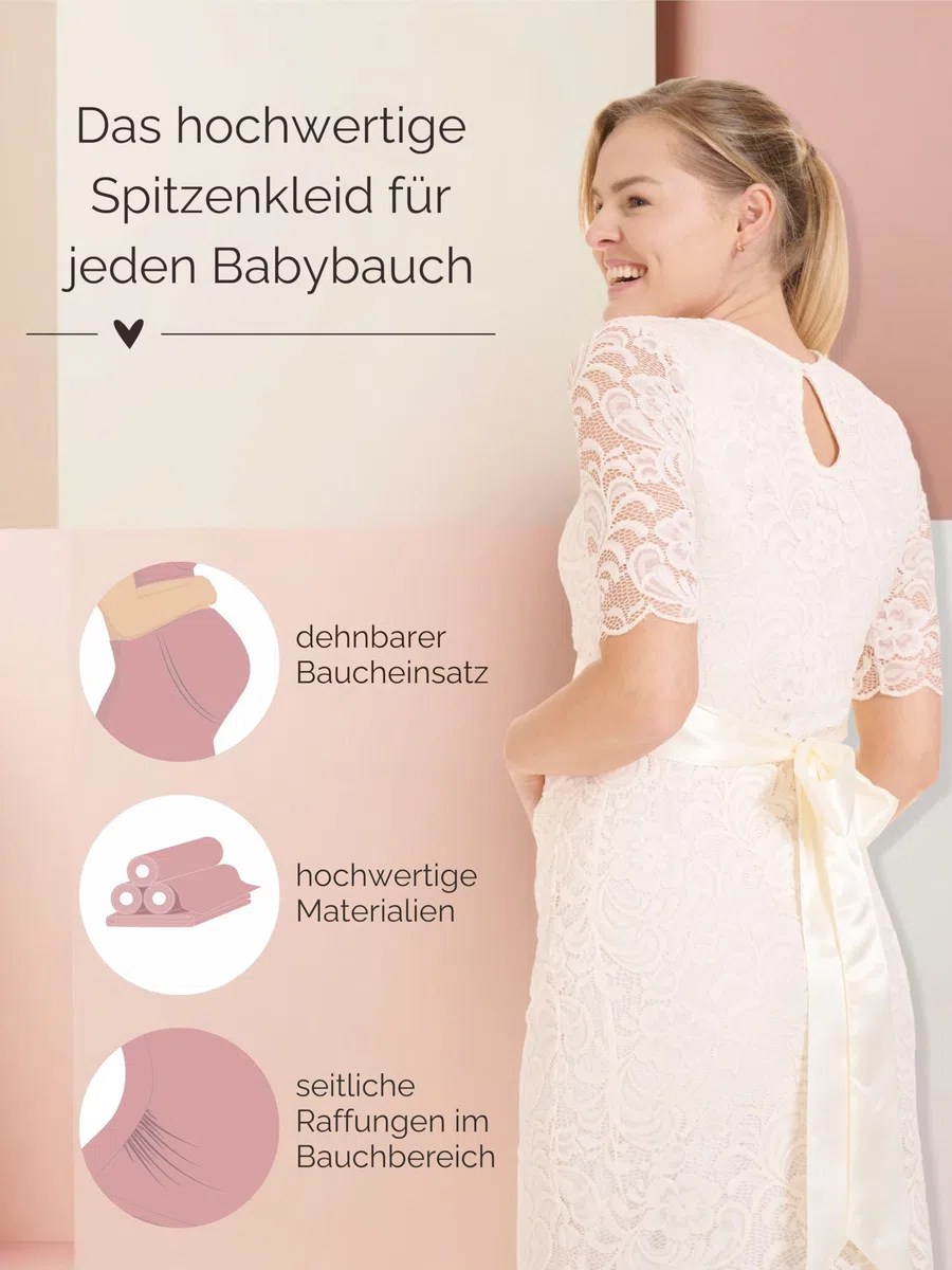 Herzmutter Umstandskleid festlich - Schwangerschaftskleid mit Spitze - Elegant - Hochzeit - besondere Anlässe - Kurzarm - 6200