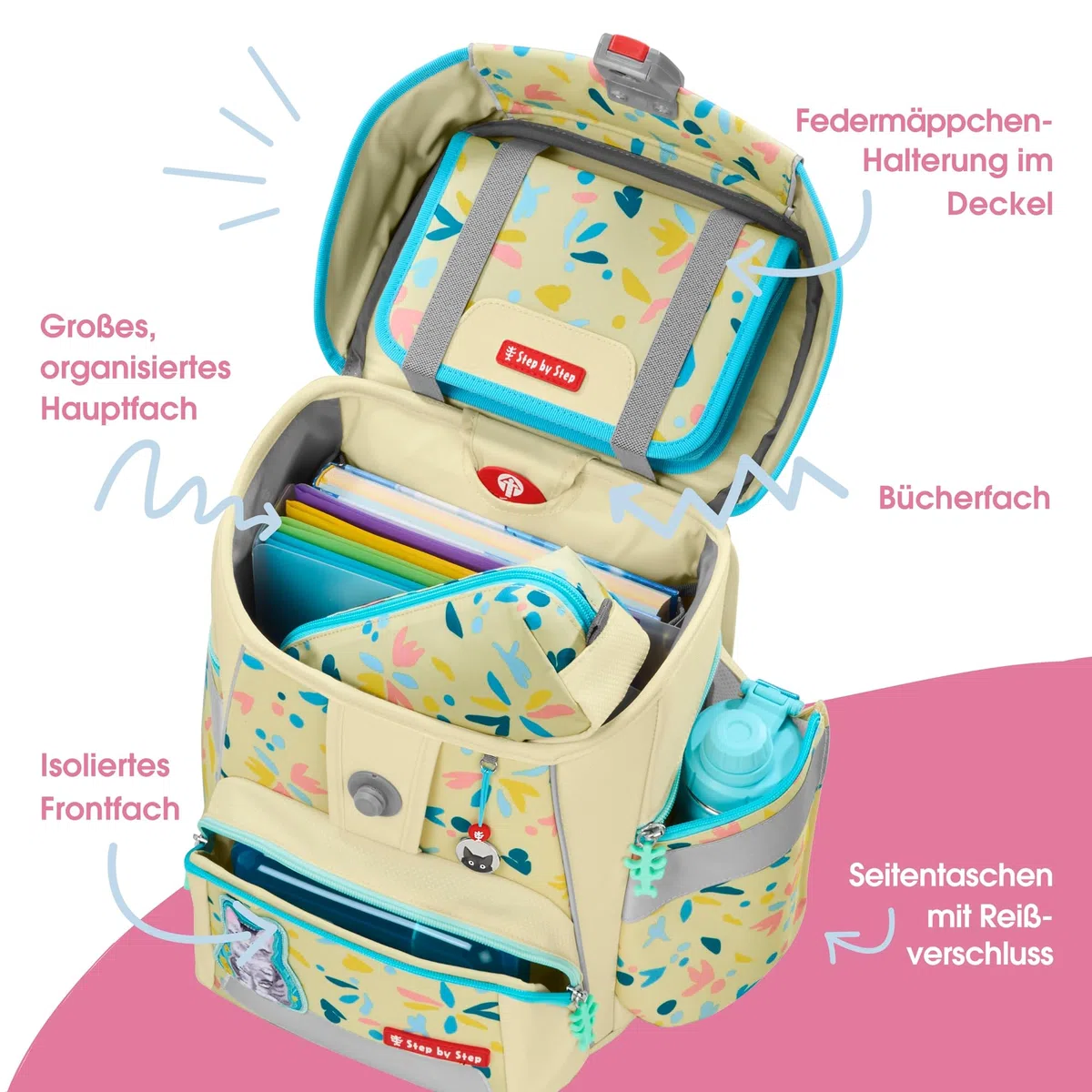 Step by Step Schulranzen-Set Space „Cat Lilly“ 5-teilig, gelb, Katzen-Design, ergonomischer Tornister mit Reflektoren, höhenverstellbar mit Hüftgurt für Mädchen ab der 1. Klasse, 20L