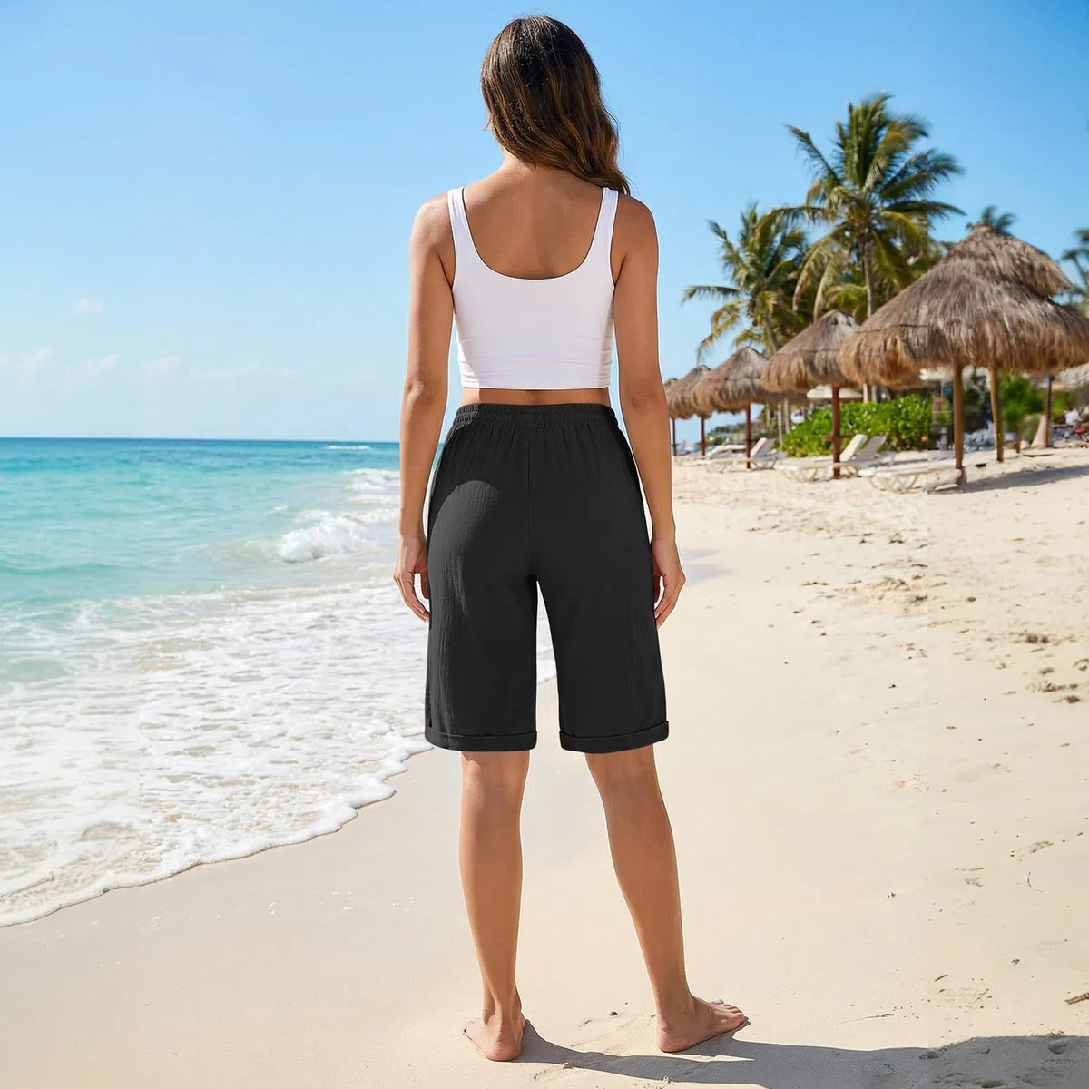 Musselin Shorts Damen Knielang mit Taschen und Kordelzug Beach Baggy Baumwoll Leinen Shorts Kurze Hosen Damen Sommer Knielang