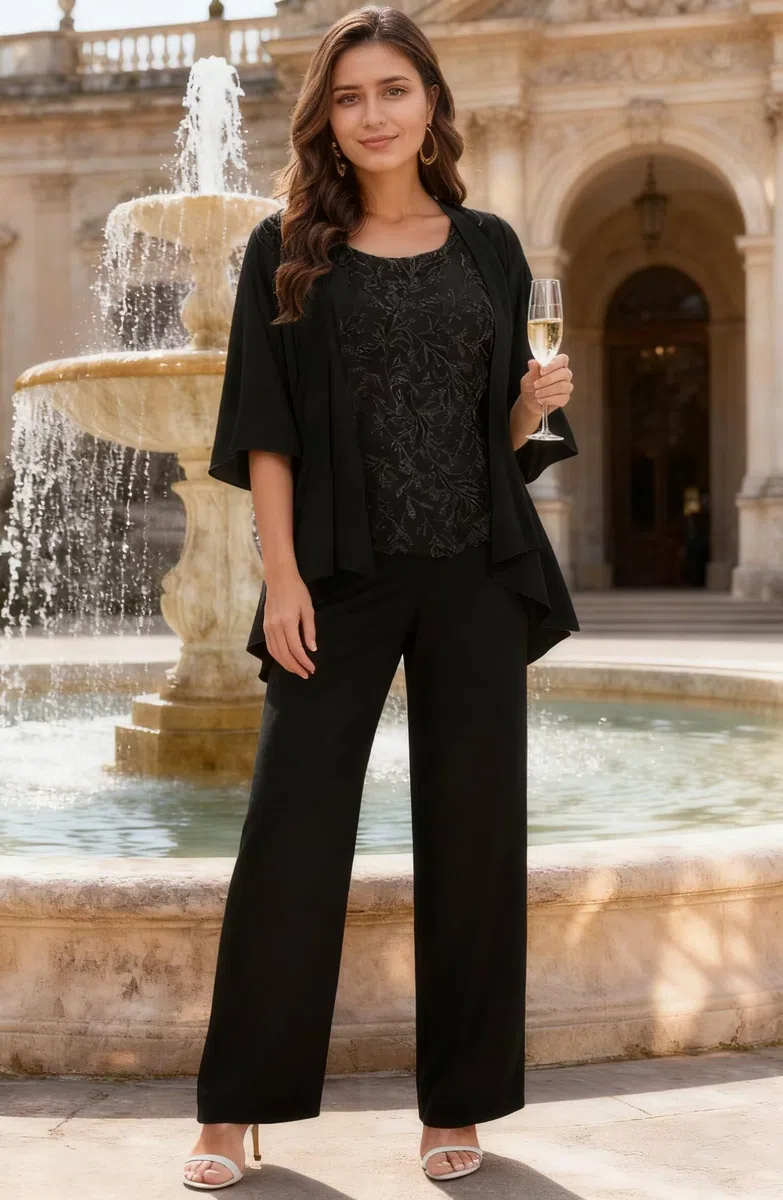 Infuness 3 Teilig Brautmutter Hosenanzug für Hochzeit Pailletten Chiffon Hosenanzug Damen Festlich mit Jacke Große Größen