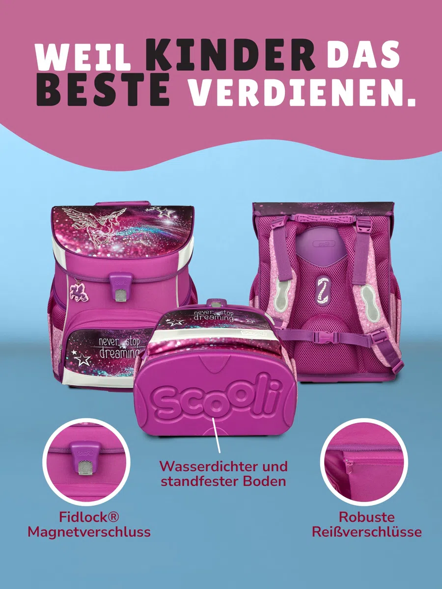 Familando - Scooli Campus Fit Schulranzen Set - 9-teilig mit Sporttasche - Pegasus Violett - Ergonomisch, Stabil & 980g leicht - 18L Volumen - Brustgurt & Reflektoren - Für Grundschule ab 1. Klasse