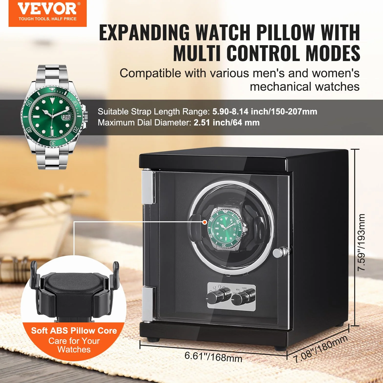 VEVOR Uhrenbeweger, Automatik-Uhrenbeweger, Watch Winder, Uhrenbeweger für Automatikuhren, Automatischer Uhrenbeweger mit Platz für 1 Uhr, LED Beleuchtung, 150–207 mm Einstellbare Riemenlänge