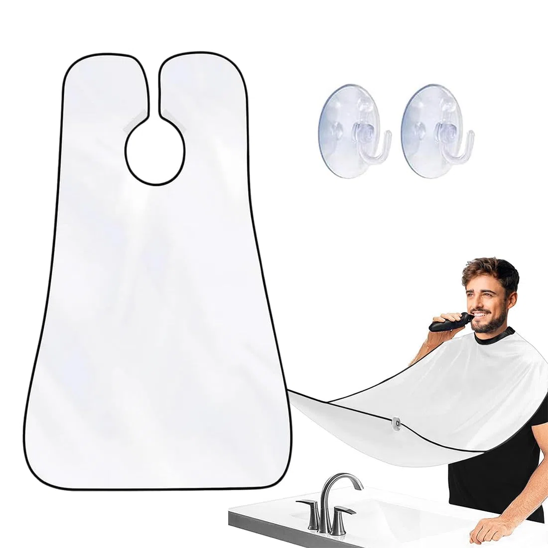 Bart Schürze für Männer mit 2 Saugnäpfen, Rasierumhang für Rasur Haarschnitte, Wasserdichte Non-Stick Barthaare Auffangen Grooming Tuch, Geschenke für Männer (Weiß)