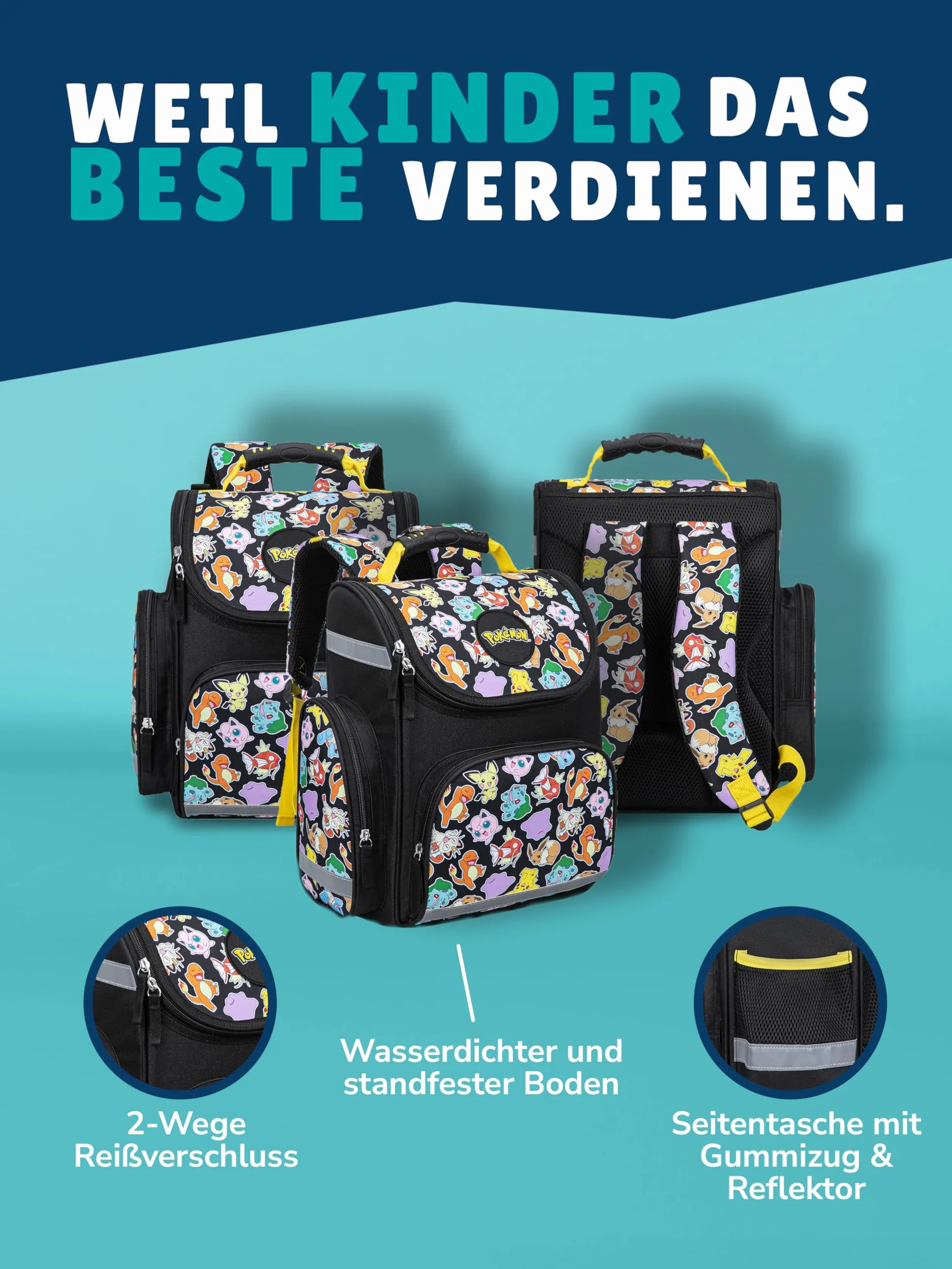 Familando - Schulranzen Set - 6-teilig mit Sporttasche - Pokémon (Pikachu Motiv) - Ergonomisch, stabil & mit gepolstertem Rücken - 1010g leicht - 18L Volumen - Mit Reflektoren - ab 1. Klasse