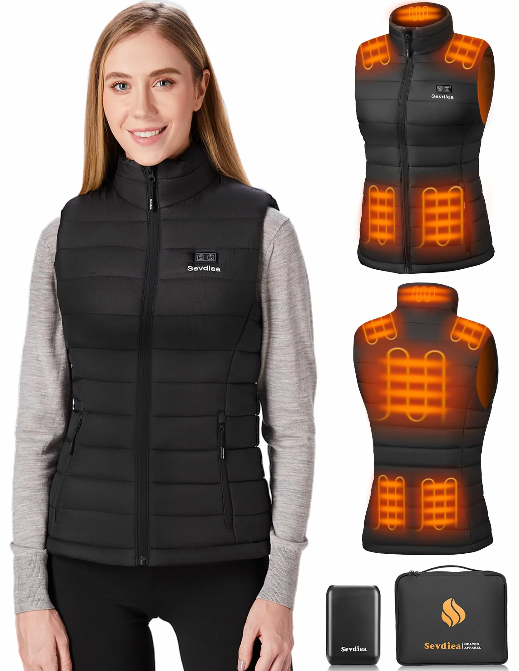 Heizweste Damen mit Powerbank 16000mAh 7.4V, Beheizte Weste, Leichte Elektrische Wärmeweste, Schwarz M
