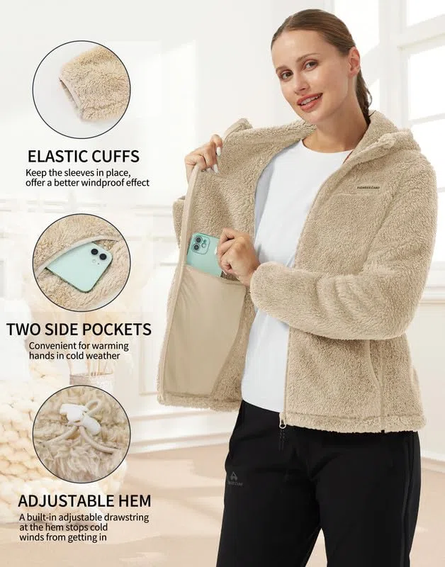 Pioneer Camp Fleecejacke Damen mit Kapuze Warm Flauschig High-Pile Teddyfleece Vollreißverschluss Outdoor Kuscheljacke Sherpa Jacke für Alltag Zuhause
