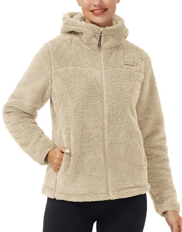 Pioneer Camp Fleecejacke Damen mit Kapuze Warm Flauschig High-Pile Teddyfleece Vollreißverschluss Outdoor Kuscheljacke Sherpa Jacke für Alltag Zuhause
