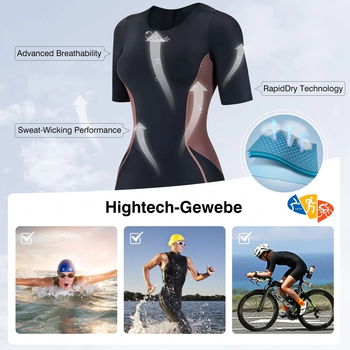 Santic Triathlon-Anzug für Damen, kurzärmelig, gepolstert, schnelltrocknend, zum Schwimmen, Radfahren, Laufen