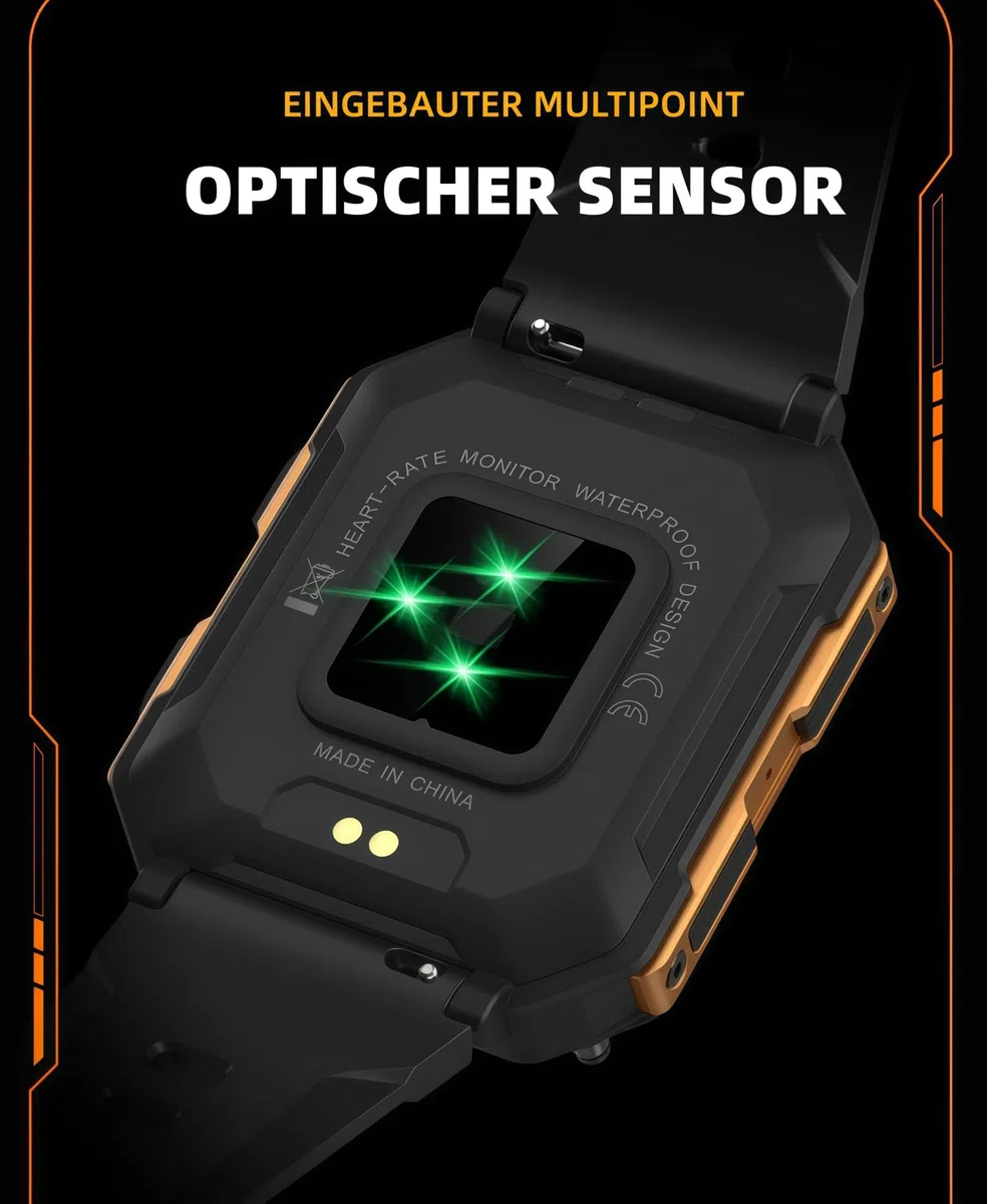 Thor Die Stabilste Smartwatch Originale smarte Sportuhr für Herren mit Telefonfunktion, Schrittzählung, Herzfrequenzüberwachung und Blutdruckmessung (orange Farbe)