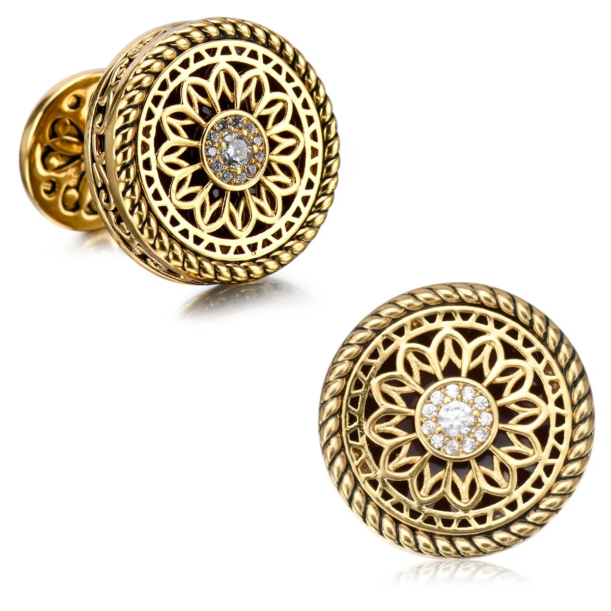 18K Gold und Platin plattiert Manschettenknöpfe für Männer - Vintage Floral Celtic Knot Design mit Strass Diamant in der Mitte