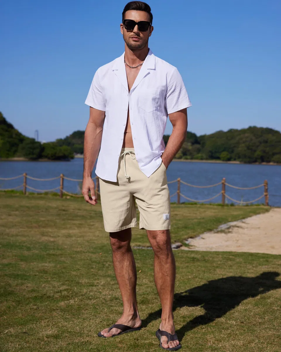 YAOHUOLE Herren Leinenhose Kurz Leinen Shorts Sommer Beach Kurze Hosen Leinen Bermuda Hose