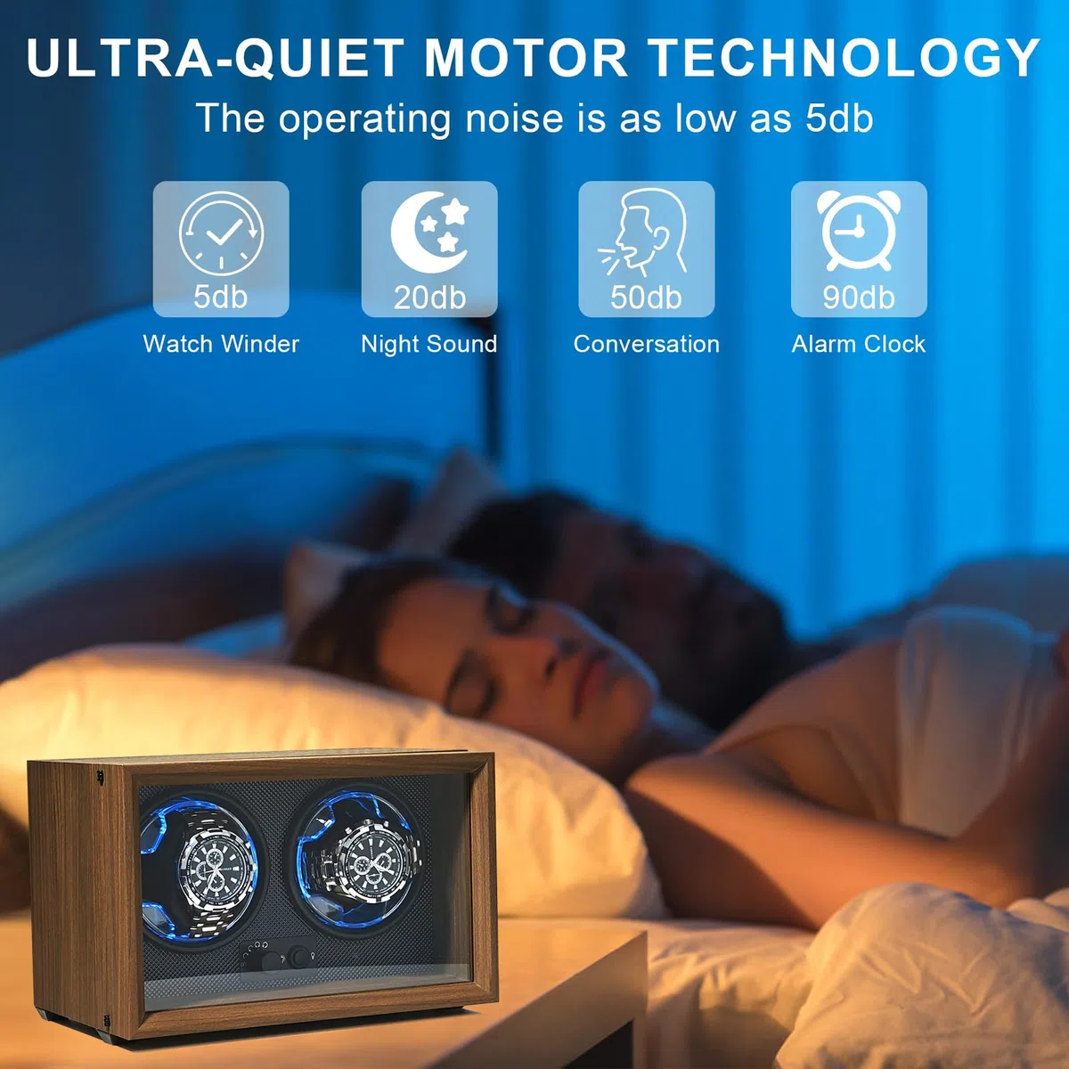 Isili Doppel Uhrenbeweger für Automatikuhren, Dual Uhrenbeweger Box für Uhrenliebhaber, mit leisem Motor 4-Rotationsmodus Einstellung, blaues Licht, elastische Uhrenkissen, Geschenk für Mann