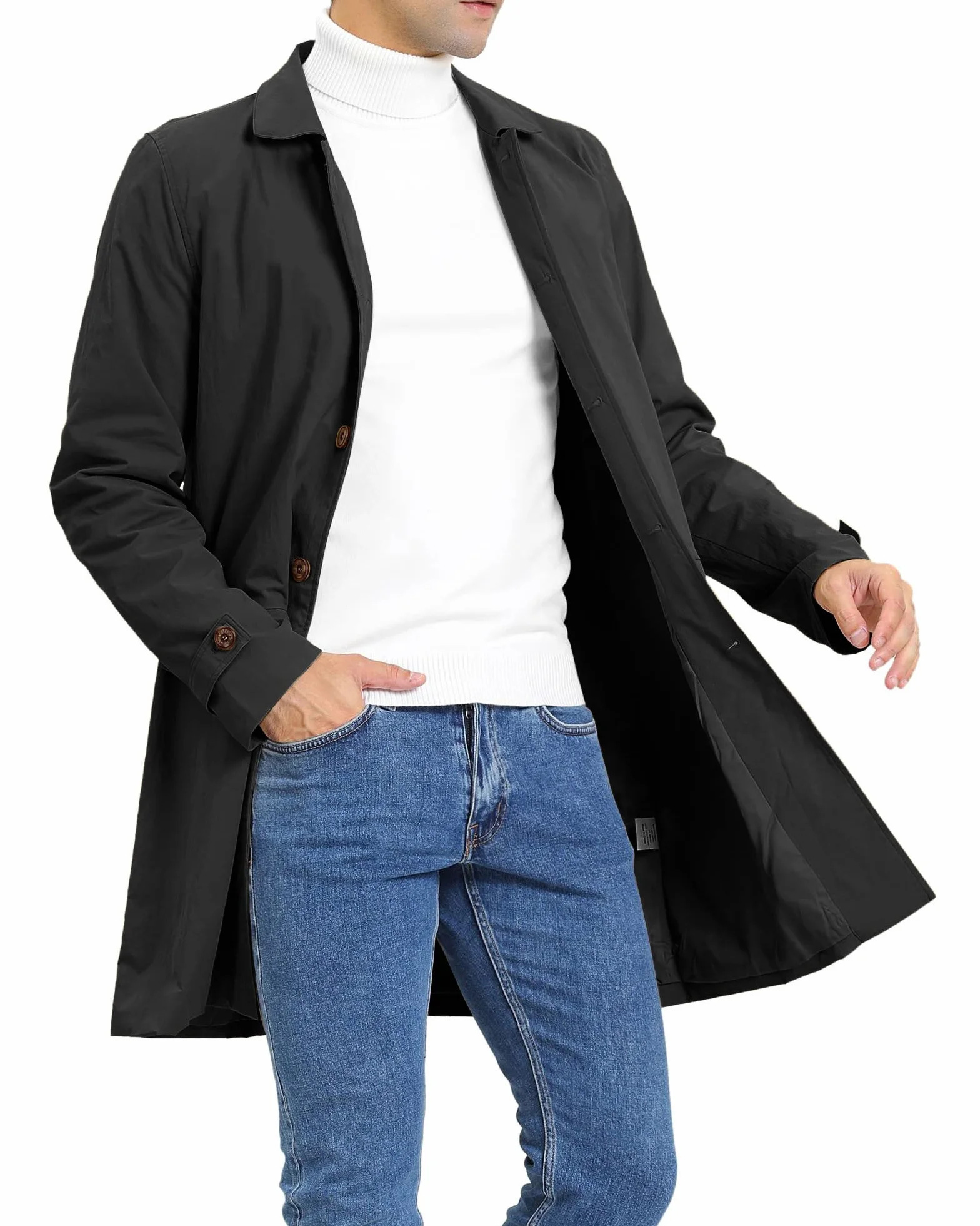 Herren Trenchcoat Einreihig Lang Mantel Leichter Revers Herbst Winter Jacke Übergangsjacke